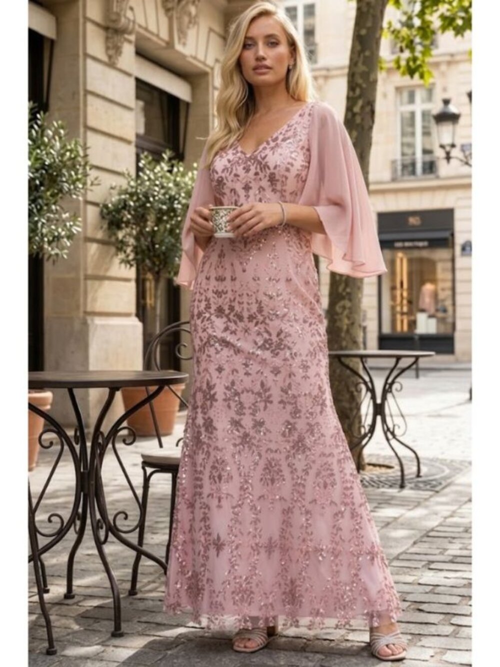 Clearance Dusty Rose Size L V-Neck Sequin Embellished MOB Formal Gown By 5255